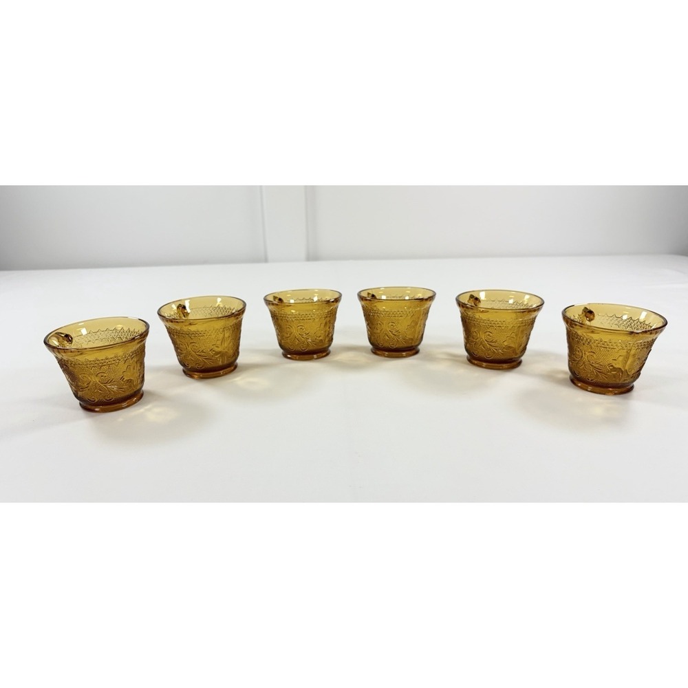 Set of 6 Tiara Indiana Glass Amber Sandwich Daisy Pattern Punch Tea Cups Vintage - Picture 8 of 16